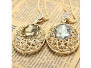Rhinestone Crystal Hollow Out Big Oval Pendant Long Necklace Gold Plated Champagne