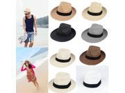 Unisex Fedora Panama Wide Brim Trilby Straw Hat Sun Beach Cap Travel Black Ribbon Sunhat 05