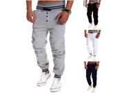 Men s Single breasted Solid Color Elastic Waist Drawstring Sport Sweatpants White M