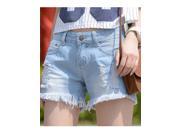 Summer Slim Loose Hole Tassel Mid Waist Denim Shorts Pants Light Blue 27