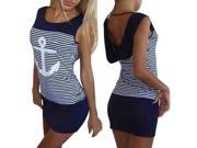 Womens Summer Sleeveless Sexy Striped Anchor Cocktail Party Evening Mini Dress size L in blue