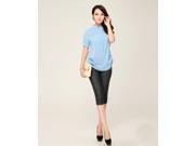 Women Lady Casual Stand Collar Career Shirts Short Sleeve Button Chiffon Office OL Blouse Tops Blue