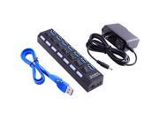 Black 7 Port USB 3.0 Hub with Power Adapter with Switches