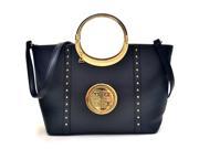 Dasein Studded Zip Accent Emblem Satchel Shoulder Bag Handbag Tablet Bag Black ARMA13