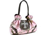 Realtree Studded Camouflage Satchel Bag with Rhinestone Cross Faux Leather Pink Camouflage Coffee Trim AM2