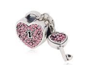 Babao Jewelry Love Heart Dangle Key Pink CZ Crystals 925 Sterling Silver Bead fits Pandora European Charm Bracelets