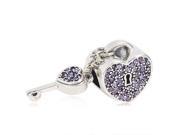 Babao Jewelry Love Heart Dangle Key Purple CZ Crystals 925 Sterling Silver Bead fits Pandora European Charm Bracelets
