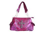 Rhinestone Women s Leather Handbag Angel Wings Cross Design 8602 Fuchsia