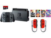 Nintendo Swtich 7 items Bundle Nintendo Switch 32GB Console Gray Joy con 64GB SD Card and Nintendo Controllers Neon Red 4 Game Disc1 2 Switch Just Dance2017 The