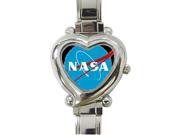NASA Badge Background Printed Heart Shaped Stainless Steel Watch For Women And Girl Use