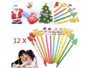 12Pcs set Cute Santa Snowman Tree Bell Wooden Pencils Pen Xmas Christmas Children Kids Gifts