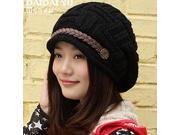 Leather buckle curling knit hat ear cap Black 56 54cm