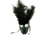 Royal Onyx Feathered Mardi Gras Costume Mask w Silver Eyebrows One Size
