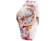 Female Stainless Steel Quartz Watch Big Golden Round Dial Silicone Printed Flower Band