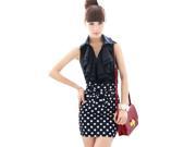 KMFEIL Womens Black Bow Polka Dot high waist Slim Mini Skirt