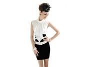 KMFEIL Black White Mosaic Bow Flounced High Waist Slim Fit Mini Skirt