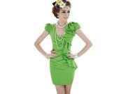 Ladies Green Slim Fit OL Office Bow Puff Short Sleeve Flounced Dress