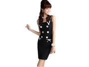 KMFEIL Lady Dark Blue Edge Ribbon Buttons Lining Sleeveless Resilient Dress