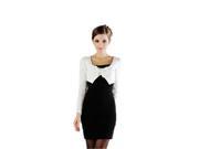 KMFEIL Black White Mixed colors Bow Slim Thin Waist Long Sleeve Dress