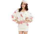 KMFEIL Elegant Women s White Rose Print Bat Knit Sweaters Wool Dress