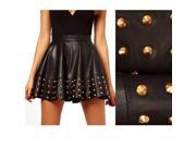 KMFEIL Rivets Pleated Brown Faux Leather Skirt