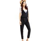 KMFEIL Women Navy Casual Bodysuits V neck Middle Waist Jumpsuits