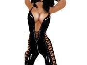 KMFEIL PVC Leather Wet Look Catsuit Lace Up Open Bust Rompers