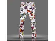 New 2015 fashion mens white print flower painting jeans male denim skinny pants male slim colored drawing jeans size 28 38