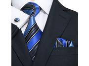 Landisun 69H Stripes Mens Silk set Tie Hanky Cufflinks Black Blue 66 x 3.75