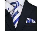 Landisun Stripes Mens Silk Tie Set Tie Hanky Cufflinks 91A Bright Blue White 59 x 3.75