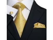 Landisun 28C Floral Pattern Mens Silk Tie Set Tie Hanky Cufflinks Gold Yellow 66 x 3.75