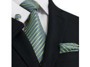 Landisun 44C Bright Blue Green Stripes Mens Silk Tie Set Tie Hanky Cufflinks