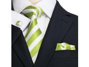 Landisun 335 Light Green White Stripes Mens Silk Tie Set Tie Hanky Cufflinks