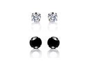 Set of 2 Pair Sterling Silver 4 mm Clear 8 mm Black Cubic Zirconia Earring Studs