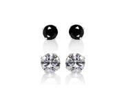 Set of 2 Pair Sterling Silver 4 mm Black 8 mm Clear Cubic Zirconia Earring Studs