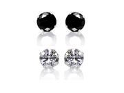 Set of 2 Sterling Silver 8 mm Clear and Black Cubic Zirconia Earring Studs