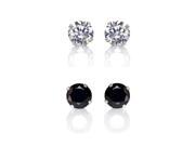 Set of 2 Sterling Silver 6 mm Clear and Black Cubic Zirconia Earring Studs