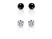 Set of 2 Sterling Silver 4 mm Clear and Black Cubic Zirconia Earring Studs