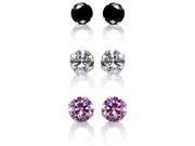 Set of 3 Pair Sterling Silver 8 mm Black Clear and Pink Cubic Zirconia Earring Studs