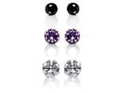 Set of 3 Pair Sterling Silver 4 6 8 mm Black Clear Pink Cubic Zirconia Earring Studs