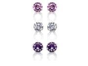 Set of 3 Pair Sterling Silver 6 mm Pink Purple and Clear Cubic Zirconia Earring Studs