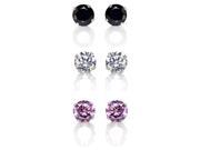 Set of 3 Pair Sterling Silver 6 mm Black Clear and Pink Cubic Zirconia Earring Studs