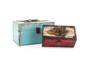 Turquoise Red Wooden Box Set with Metal Flowers