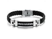 Olen Jewelry Genuine Pu Leather Men s Bracelet Stainless Steel Braid Wristband Bangle Men s Gift 7.48 Inch