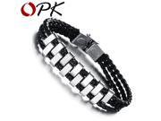 OPK JEWELRY Unique Designer 316L Stainless Steel Men s Gift Black PU Leather Knitted Bracelet Pulseira Masculina Couro 844