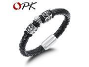 OPK Cool Man Genuine Leather Bangles Fashion Punk Stainless Steel Cross Men Jewelry 21.5cm Long All Match Accessories 942