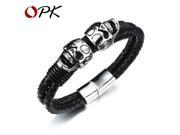 OPK Personality Double Layer Leather Wrap Bracelets For Man Punk Style Stainless Steel Skeleton Men Jewelry PH1055