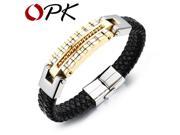 OPK Handmade Leather Knitted Charm Bracelets Cool Punk Style Black Gold Plated Stainless Steel Gothic Men Jewelry Bracelet 993