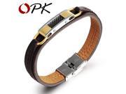 OPK Brown PU Leather Wrap Bracelet For Man Fashion Stainless Steel Carbon Fibrer Vintage Men Jewelry Borfriend Gift PH967