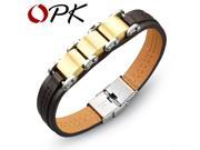 OPK Man PU Leather Wrap Bracelets Classical Brown Color Stainless Steel Men s Friendship Jewelry Gift 20.5cm Long Bangles 964